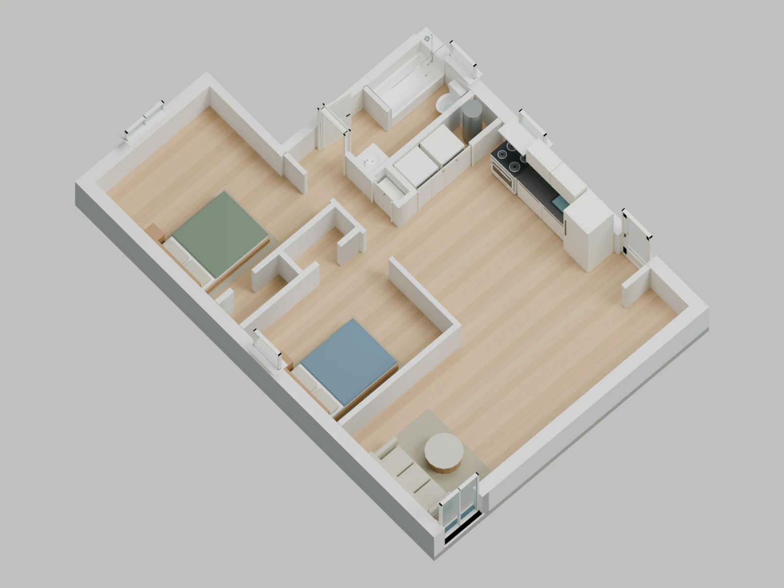 Apartment B — Apartment B — lower front, illustrative furnished cutaway