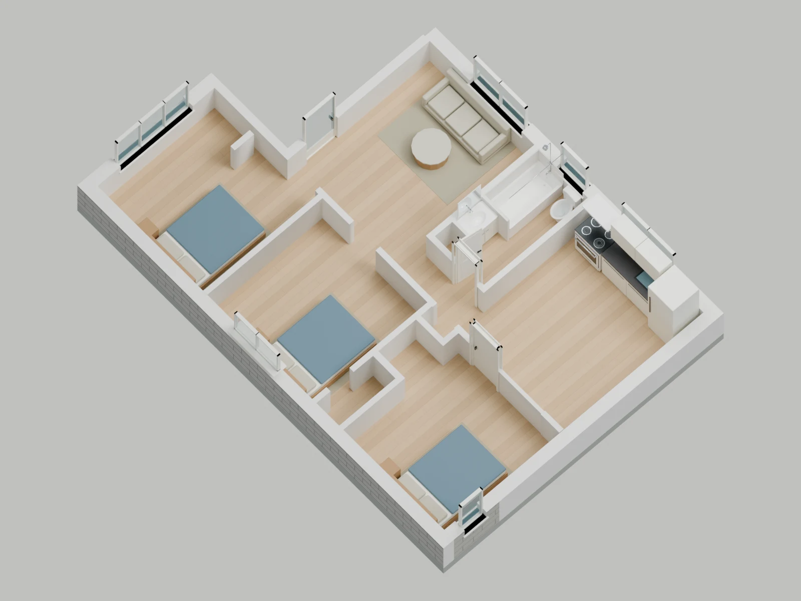 Apartment A — Apartment A — upper front, illustrative furnished cutaway