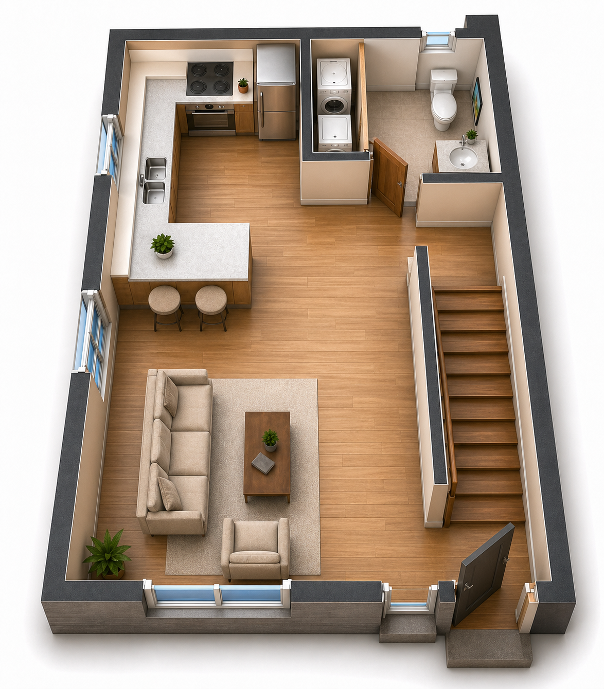 Furnished 3D render of the ground floor at 21C rue Duquesne