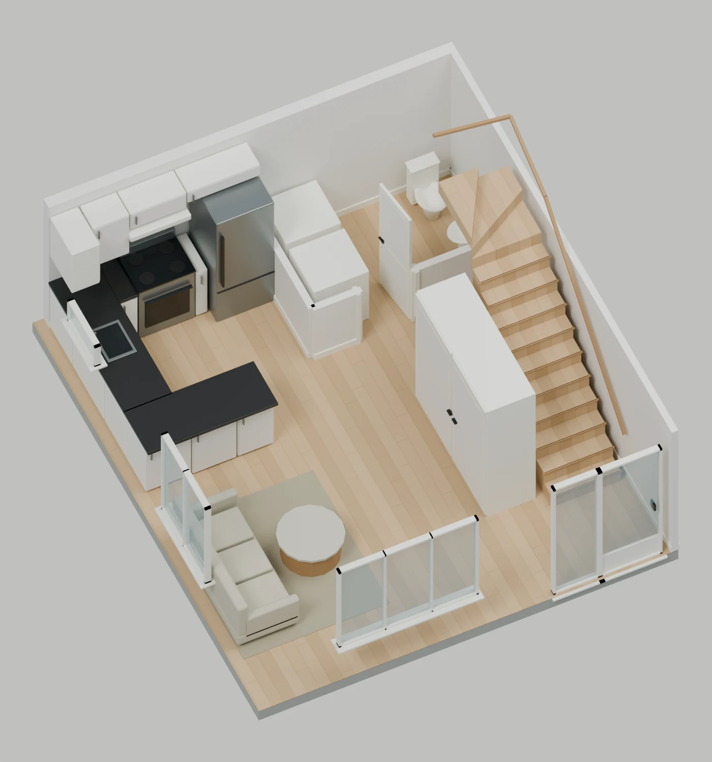 Apartment C — Ground floor, illustrative furnished cutaway