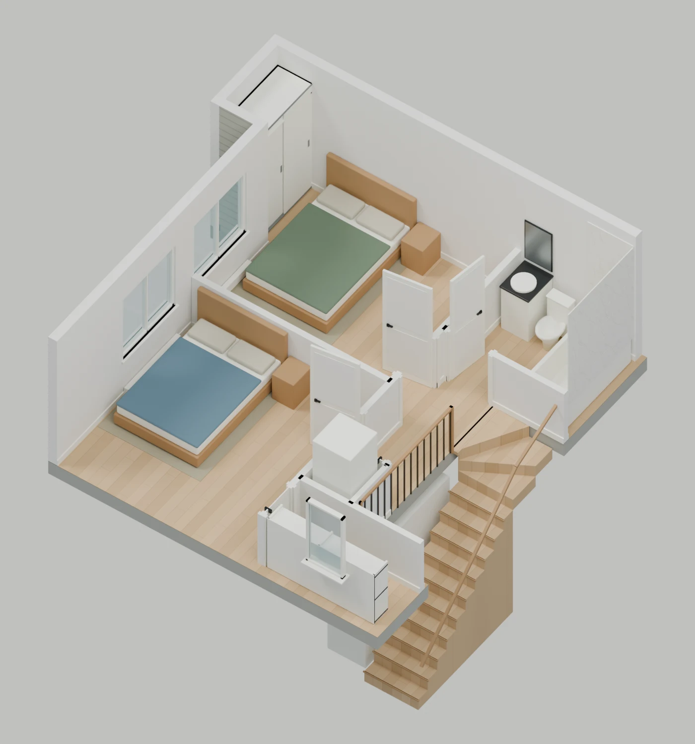 Apartment C — Upper floor, illustrative furnished cutaway