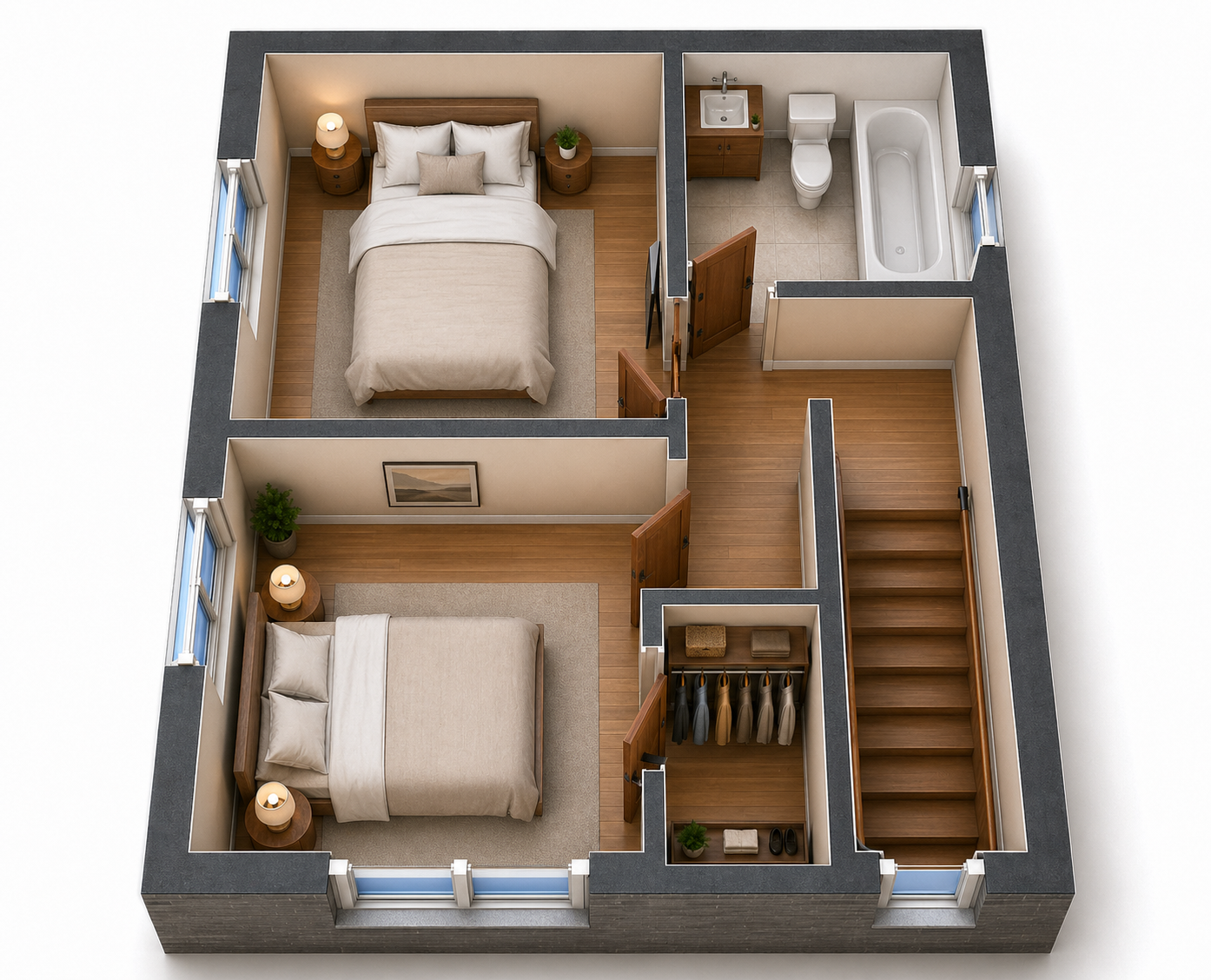 Furnished 3D render of the second floor at 21C rue Duquesne