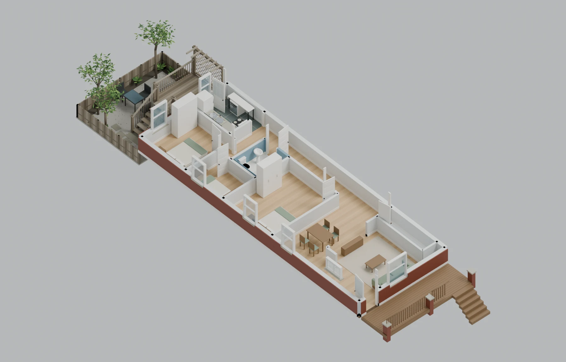 Lower apartment — Main floor, illustrative furnished cutaway